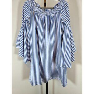 New York & Company White Blue Striped Off The Shoulder Knee Length Dress-SZ 2XL